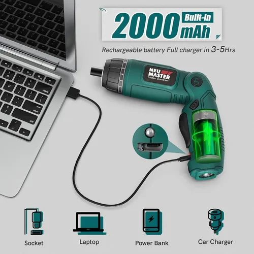 Miniatura 5 de NEU MASTER Destornillador inalámbrico, destornillador eléctrico de 4 V, destornillador eléctrico recargable con mango giratorio, luz LED delantera