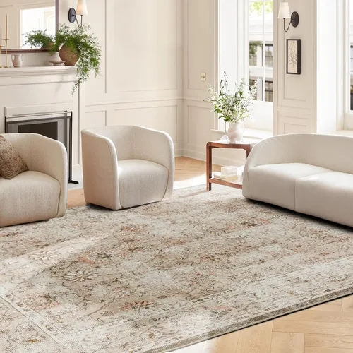 Miniatura 3 de LIMON HOME Alfombra de Área Lavable 6x9, Alfombras Grandes y Suaves para Sala de Estar Alfombra Floral Vintage Beige de 6 por 9 Alfombras de Área