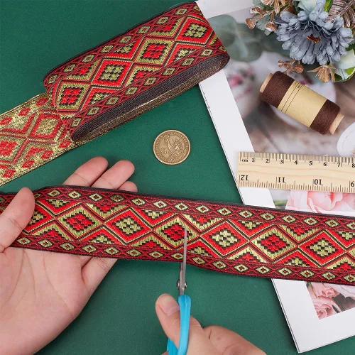 Miniatura 3 de PH PandaHall Cinta jacquard bohemia de 7.66 yardas, 2 pulgadas/2.0 in, rombos bordados, estilo étnico, cintas de poliéster con flecos para coser