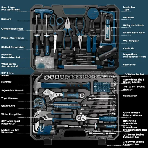 Miniatura 2 de Enventor Juego de herramientas, kit de 220 piezas para el hogar con caja de herramientas, llave y herramientas manuales para reparaciones del hogar