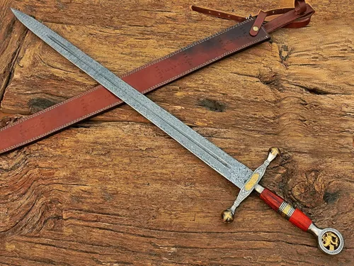 Miniatura 3 de Espada de ascalón de acero de Damasco Saint George Dragon Slayer con funda de cuero, espada de hoja de doble filo