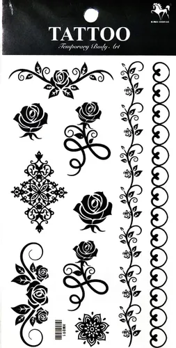 Miniatura 2 de Tatuajes 2 hojas hermosas rosas negras enredaderas temporales tatuajes adhesivos falsos cuerpo brazo pecho hombro tatuajes para hombres