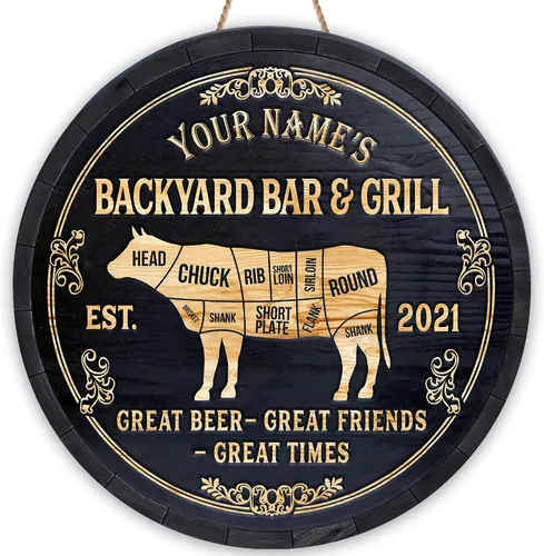 Miniatura 24 de Artsy Woodsy Letrero personalizado para bar y parrilla en el patio trasero (no tallado o neón), decoración de placa artística de pared, accesorios