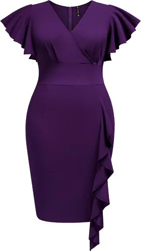 Miusol Vestido de tubo vintage con cuello en V para mujer, talla grande, manga con volantes, para negocios, cóctel, fiesta