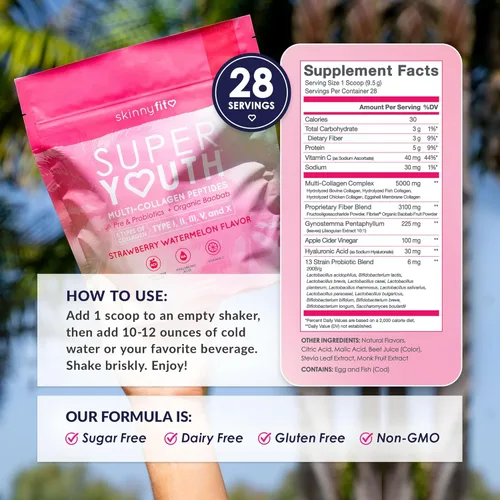 Miniatura 4 de SkinnyFit - Colágeno Super Youth para Mujeres - Polvo de Péptidos de Multicolágeno - Probióticos, Fibra, Ácido Hialurónico - Sin OGM, Sin Gluten