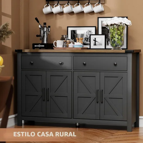 Miniatura 2 de VVFLU - Gabinete de aparador buffet de 55" con almacenamiento, gabinete de barra de café con 2 cajones y 4 puertas de granero, gabinete