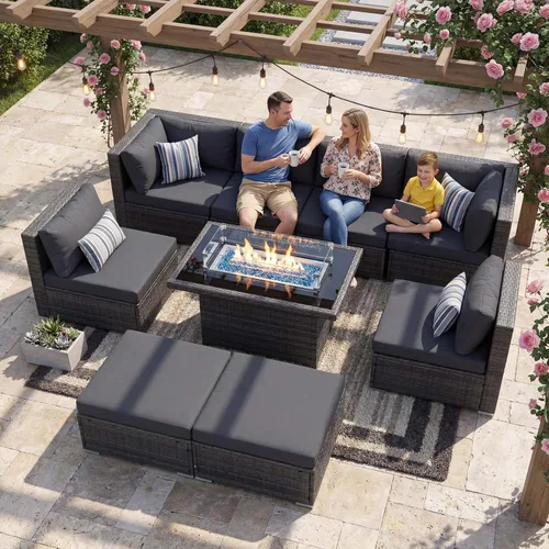 Miniatura 47 de NICESOUL Juego de muebles de patio para exteriores de 7 piezas con mesa para hoguera, gas natural y propano convertible, respaldo alto de 29.3