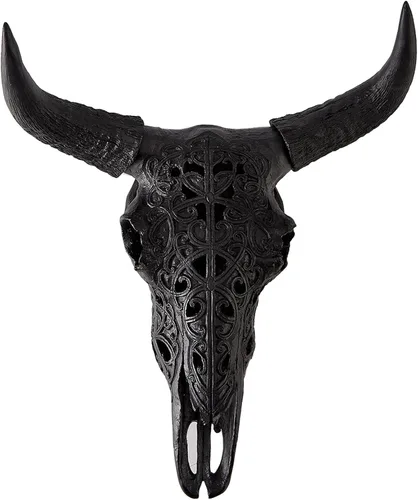 OTARTU Escultura para colgar en la pared, diseño tribal negro, diseño tallado con calavera de buey de 19 pulgadas, arte de decoración de pared
