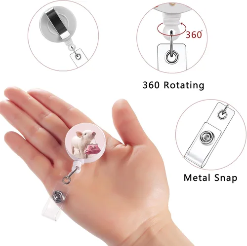 Miniatura 7 de Paquete de 15 carretes de insignia con diseños de tortuga, cerdo y vaca, portainsignias retráctiles, clip retráctil para tarjeta de identificación