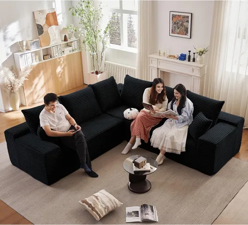 Miniatura 12 de Sofá seccional modular de 96", sofá en forma de L tipo nube sin estructura con chaise lounge, tapizado de pana con asiento profundo de espuma Negro