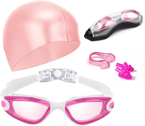 Miniatura 12 de Gafas de natación sin fugas con clip de nariz, tapones para los oídos, gorro de natación y funda para hombres y mujeres Negro