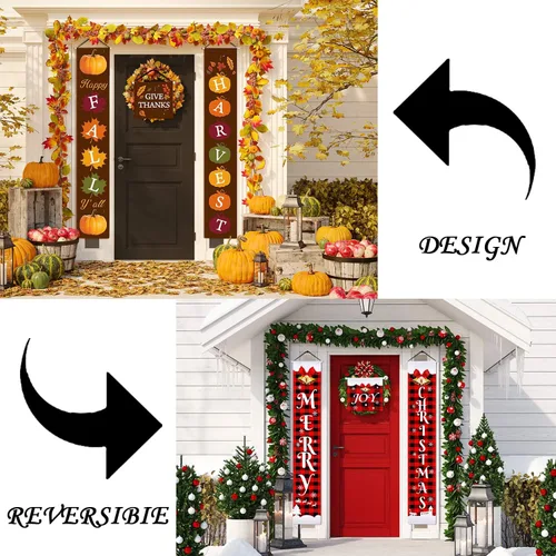 Miniatura 4 de Cartel reversible de Navidad y Acción de Gracias de 3 piezas, cartel de porche de Feliz Navidad y cosecha de otoño, cartel colgante a cuadros