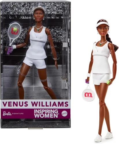 Serie Barbie Inspiring Women, muñeca de moda Venus Williams con uniforme de tenis característico y raqueta, incluye embalaje para exhibir