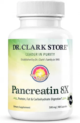 Dr. Clark Pancreatin 8X Suplemento enzimático de 500 mg | Varias fórmulas de ayuda digestiva promueve proteínas, grasas | Los carbohidratos