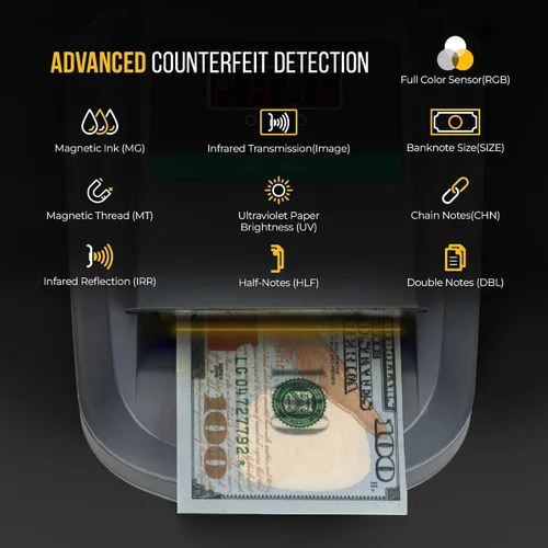 Miniatura 3 de Kolibri KCD-1000 Lector Portátil de Divisas Falsas y Detector de Billetes Falsos de 4 Vías con UM, Detector de Dinero Falso Magnético