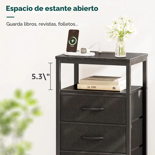 Miniatura 6 de Huuger - Mesita de noche con estación de carga, mesa auxiliar de 27.6 pulgadas con cajones de tela, mesa de noche con puertos USB y tomas de Negro