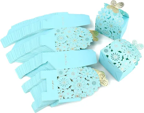 Miniatura 7 de Kslong 50 cajas de dulces huecas con diseño de flores y mariposas, cajas de regalo para galletas, regalos románticos de boda, bonita caja de Azul