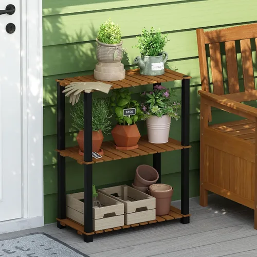 Miniatura 2 de Furinno Pangkor Turn-N-Tube - Estante de madera para plantas de interior y exterior de 3 niveles con postes cuadrados, color natural/negro
