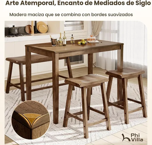 Miniatura 3 de PHI VILLA Juego de mesa de comedor de granja para 4 espacios pequeños, mesa y sillas de altura de mostrador con banco, juego de mesa de cocina alta