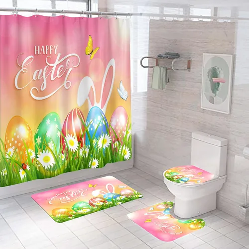Juego de 4 cortinas de ducha de Pascua, divertidos huevos de Pascua y huevos azules para decoración de baño, cortinas de tela impermeable con Color D