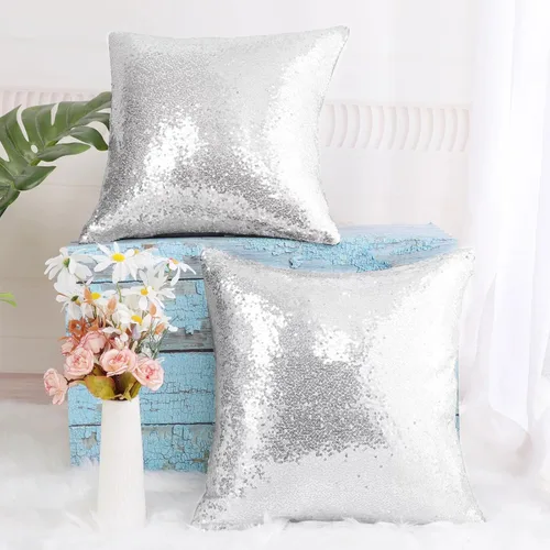 Miniatura 5 de SquarePie Juego de 4 fundas de almohada de lentejuelas de 18 x 18 pulgadas, fundas decorativas plateadas cuadradas para sofá, cama, sala de estar
