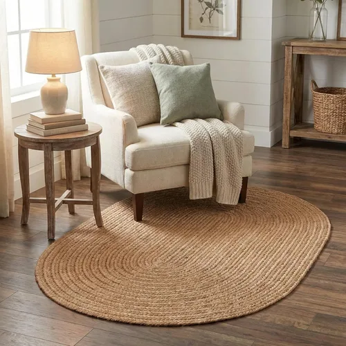 Miniatura 3 de Super Area Rugs Alfombra trenzada beige para cocina de campo, alfombra trenzada duradera para entrada/vestíbulo, ovalada, 3 x 5 pies