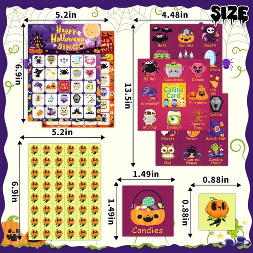 Miniatura 3 de Tarjetas de bingo de Halloween de MonEnfance, juego de bingo de Halloween para 24 jugadores para niños y adultos con pegatinas divertidas, lindo