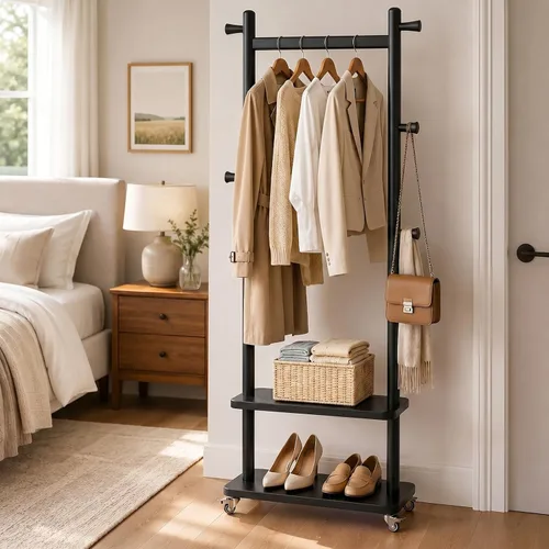 Miniatura 13 de Estante de abrigos de madera maciza independiente con ruedas y 2 estantes de almacenamiento y 5 ganchos, estante de ropa resistente, árbol de Madera