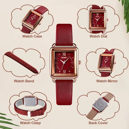 Miniatura 3 de SKMEI Reloj de mujer, elegante reloj de pulsera rectangular de cuero para damas, reloj analógico de cuarzo impermeable para mujer, Rojo-d