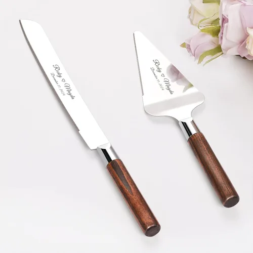 Miniatura 10 de Juego de corte de pasteles personalizado para bodas, cuchillos de pastel y servidor, grabado gratis, cortador de pastel de postre de madera Plateado