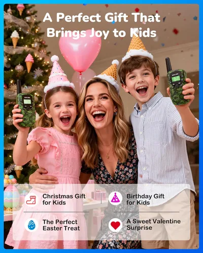 Miniatura 8 de SANJOIN Walkie Talkies recargables paquete de 2 para niños, juguetes para niños de 3 a 12 años de edad, Walkie Talkie de camuflaje de 3 millas