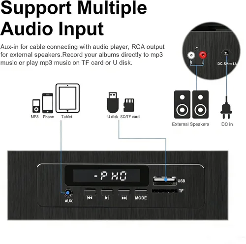 Miniatura 5 de Reproductor de discos de vinilo con Bluetooth, tocadiscos de 3 velocidades por correa con altavoces integrados, fácil configuración