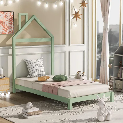 Miniatura 21 de Cama de plataforma de madera de tamaño individual con cabecero y cercas en forma de casa, sin tablillas, cama de piso para dormitorio de niños Verde