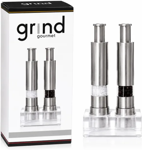 Set de molinillo de sal y pimienta Grind Gourmet, molinillo de pimienta original de presionar y moler recargable, molinillo de pulgar moderno,