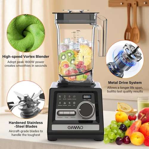 Miniatura 4 de OMMO Licuadora Peak1800W para batidos, licuadoras de batidos sin BPA de 68 onzas para cocina con control de 9 velocidades y temporizador integrado