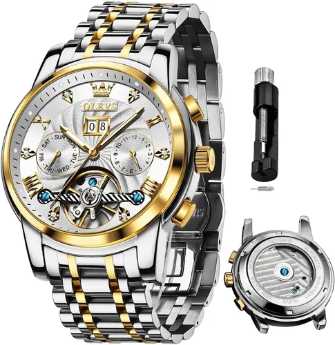 Miniatura 49 de OLEVS Reloj de pulsera automático con diseño de esqueleto para hombre, de lujo, con diamantes de lujo, de acero inoxidable, calendario, reloj