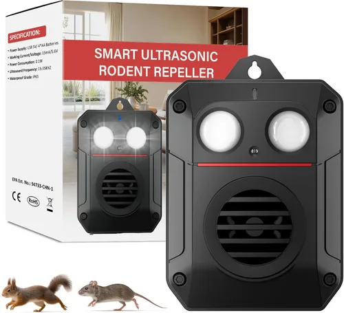 Repelente ultrasónico de roedores con luz estroboscópica y onda ultrasónica, disuasorio eficaz para ratones para vehículos, automóviles, sótanos,
