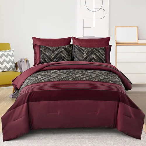 Miniatura 18 de Luxudecor Juego de Edredón Negro Tamaño King, 7 Piezas Cama en una Bolsa de Rayas Geométricas, Juego de Edredón Geométrico y Sábanas, Juego Completo