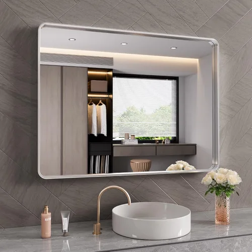 Miniatura 29 de JISOSO - Espejo de baño de 24x36 pulgadas con marco de metal cepillado color níquel, espejo con marco de metal cepillado plateado para pared, espejo