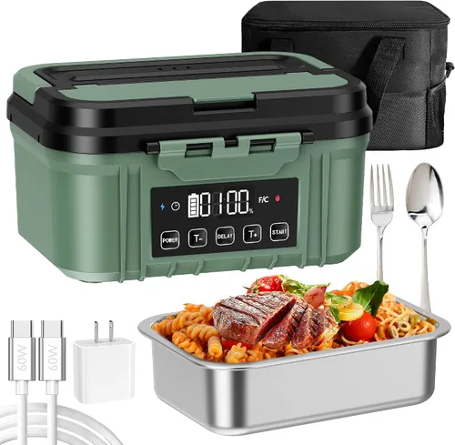 Miniatura 8 de Fiambrera eléctrica inalámbrica para adultos – Fiambrera calentada a batería con recipiente de acero inoxidable de 1.2 L, función de temporizador