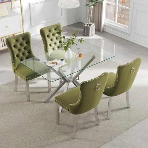 Miniatura 22 de Juego de comedor moderno de cristal de lujo de 5 piezas, juego de comedor rectangular minimalista para 4, juego de mesa de cocina de vidrio