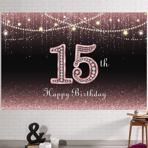 HAMIGAR Fondo de pancarta de feliz cumpleaños número 15 de 6 x 4 pies, decoraciones de cumpleaños de 15 años, suministros de fiesta para mujeres,