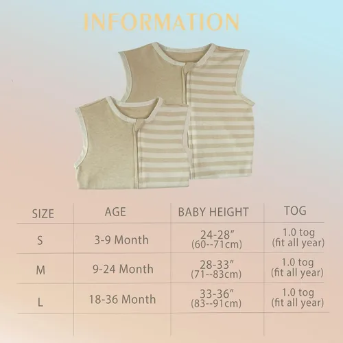 Miniatura 7 de Saco de dormir para bebé de algodón natural para niños de 9 a 18 meses, sin mangas, 4 estaciones, ligero, unisex, 18-24 meses, Tog 1.0, transición