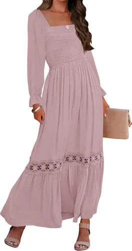 ZESICA Women's 2024 Boho Long Sleeve Square Neck Smocked High Waist Flowy A Line Lace Trim Maxi Dress