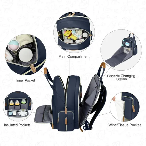 Miniatura 5 de Mochila para pañales con cambiador, organizador de bolsas de pañales para mamás, papás, bolsas cambiadoras grandes para bebés Azul