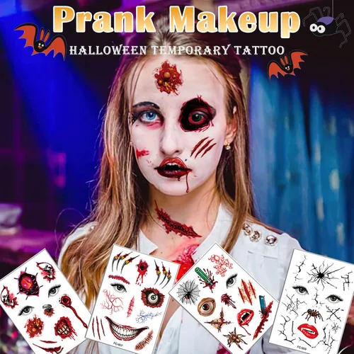 Miniatura 2 de 9 piezas de tatuajes temporales de broma de Halloween, cicatrices sangrientas de zombi 3D, costras falsas de puntada de herida, tatuajes de cara