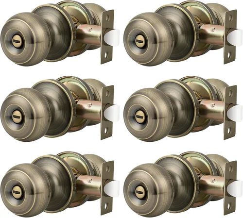Probrico Paquete de 6 pomos de privacidad para puerta, cerradura interior para dormitorio, baño, manija de puerta de latón antiguo, bola redonda sin