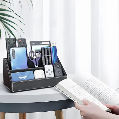 Miniatura 7 de KINGFOM™ Caja de almacenamiento y organizador de papelería multifunción para escritorio; estructura de madera y piel para la oficina del hogar; Negro