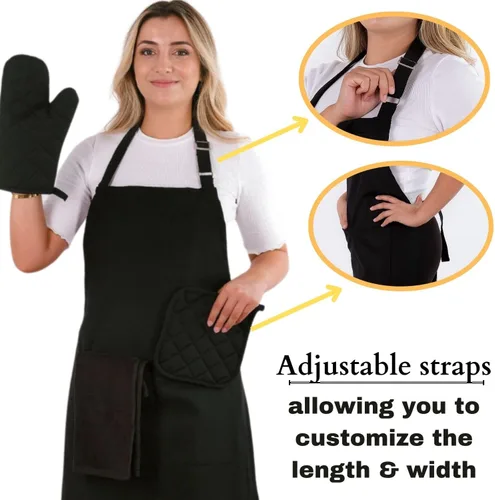 Miniatura 4 de Juego de delantales de 3 piezas; delantal de cocina ajustable, guantes de horno resistentes al calor, soporte para ollas I 482 °F I Delantales