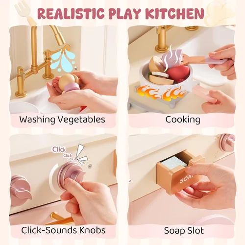 Miniatura 8 de ROBOTIME Cocina de juego para niños, cocina moderna de juguete de madera con máquina de hielo, cafetera, horno, microondas, tostadora, estufa, Rosa